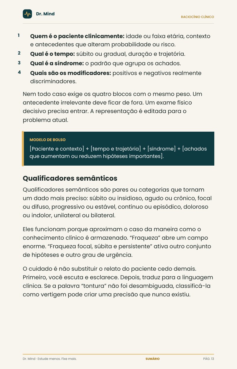 Página 13 do ebook: modelo de bolso para representar o problema clínico e qualificadores semânticos.